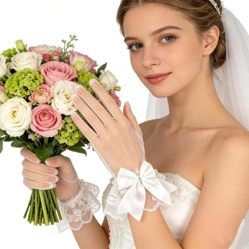 Women's White Lace Short Wedding Ruffled Tulle Mitten Imported Polyester Gloves